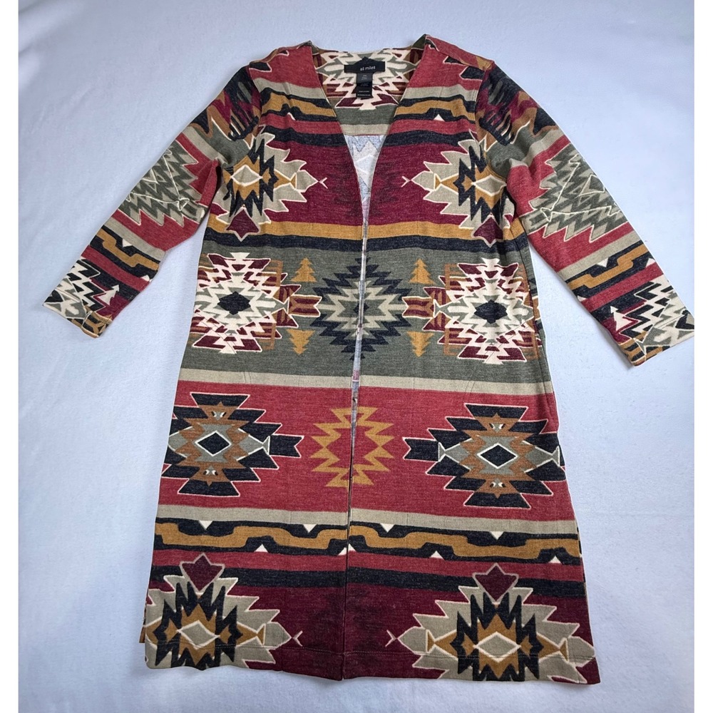 Ali Miles Southwestern Aztec Tribal Print Open Front Long Cardigan Petite Medium